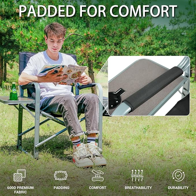 KingCamp XXL Oversized Directors Chair with Side Table, Folding Camping Chairs Heavy Duty 600lbs with Cooler Bag, Portable Camp Chair with Wide Seat for Hiking Fishing Lawn Outdoor and Sports