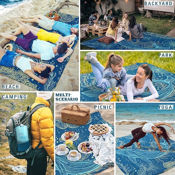 Famstar Beach Blanket Sandproof Waterproof 78''81'' 1-5 Adults Oversized, Compact Lightweight Durable 210T Polyester Beach Mat for Travel Camping Hiking Picnic