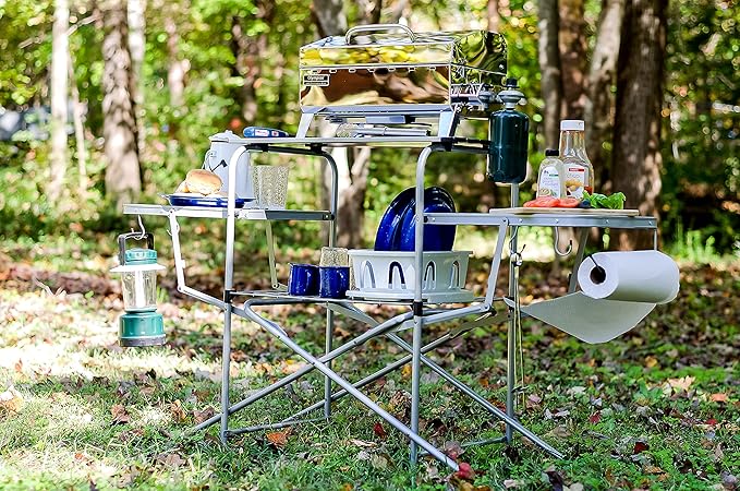 Camco Olympian Deluxe Portable Grill Table - Provides Plenty of Room for Grilling Gear While Camping - Folding Grilling Table Collapses for Compact Storage - Supports Up to 100lb (57293)