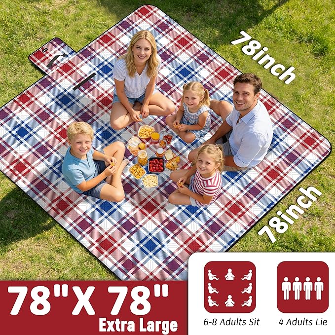Doonly Picnic Blanket, 78" x 78" Large Waterproof Sandproof Beach Blanket, Foldable Outdoor Blanket Picnic Mat for Beach, Camping, Park, Grass, Lawn, Travel (Blue/Red/White)
