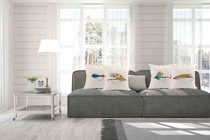 Set of 4 Linen Throw Pillow Cover Case Fishin Fish Hook Decorative Pillow Cases Covers Home Decor Square 18 x 18 Inches Pillowcases
