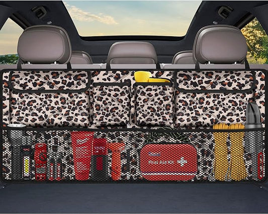 Femuar Car Trunk Organizer,Large Capacity Backseat Trunk Organizer(42"*18"),Collapsible Car Storage Bag with 8 Pocekt,Car Organizer for SUV/MPV/Truck - Leopard print