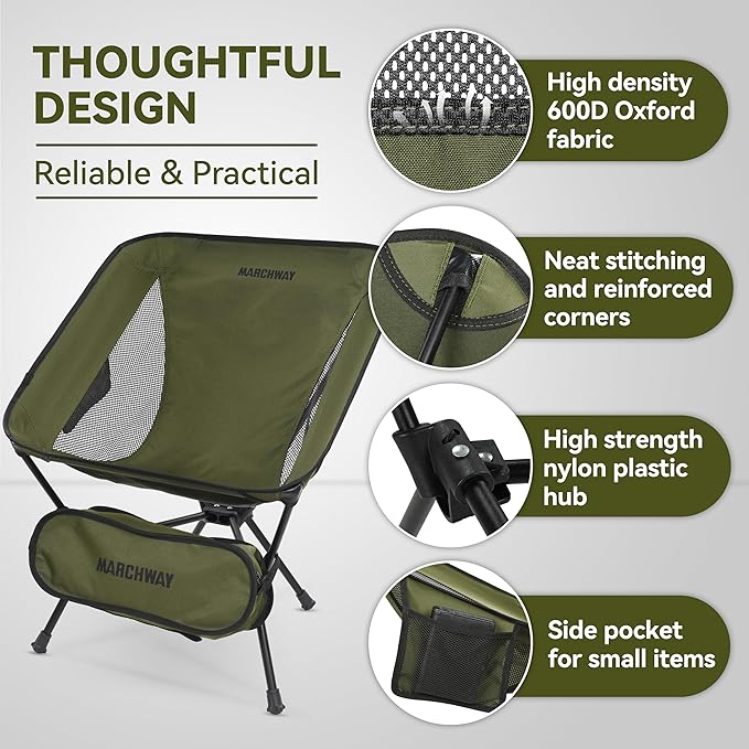 MARCHWAY Lightweight Folding Camping Chair, Portable Foldable Compact for Outdoor Camp, Travel, Beach, Picnic, Festival, Hiking, Backpacking, Supports 330Lbs (Green)