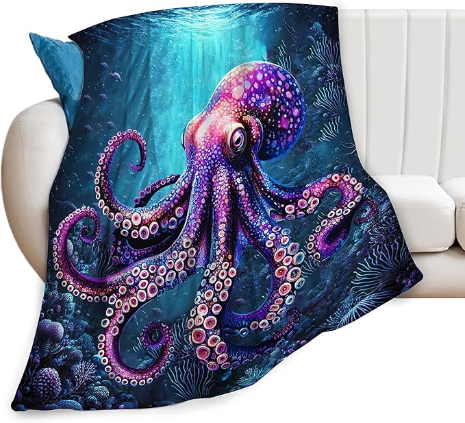 Ocean Octopus Blanket Soft Octopus Flannel Fleece Blanket Cozy Warm Nautical Decor Bedding Stuff Plush Throw Blanket Gifts for Lover Girls Boys Kids Women Adults 60"x80"