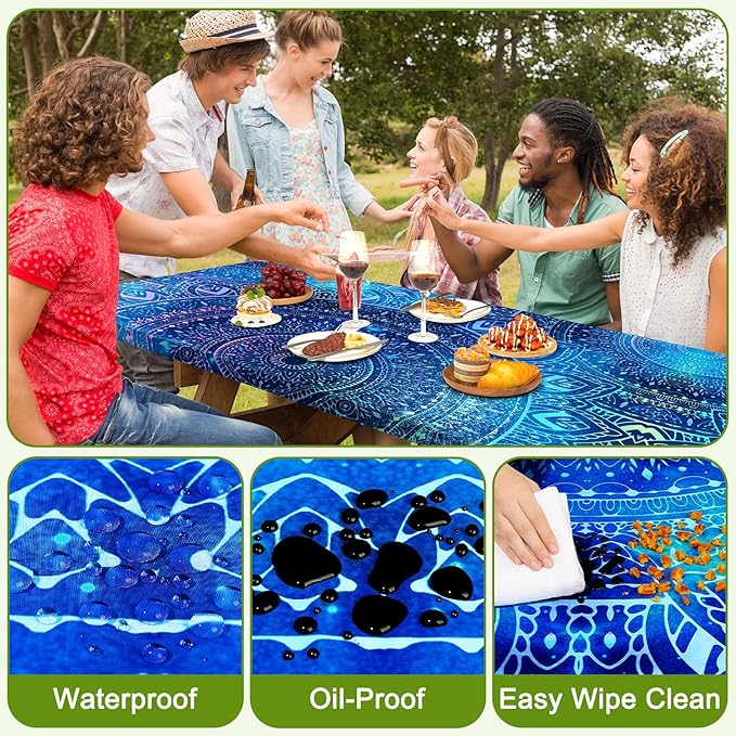Picnic Table Cover with Bench Covers Portable Table Cloth Built-in Storage Pocket Fitted Tablecloth with Elastic Edges Waterproof Camping Essentials for Indoor Outdoor Rv,72in,Blue Purple