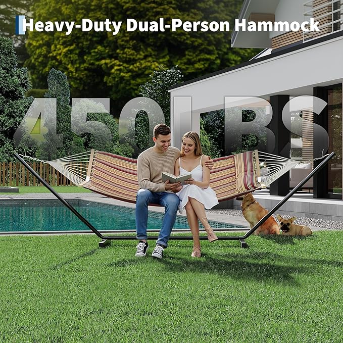 GarveeHome Portable 2 Person Double Hammock with Sturdy Heavy-Duty Steel Stand – 450LBS Max Load, Quick & Effortless Assembly, Perfect for Indoor Living, Yard, Patio & Camping Trips