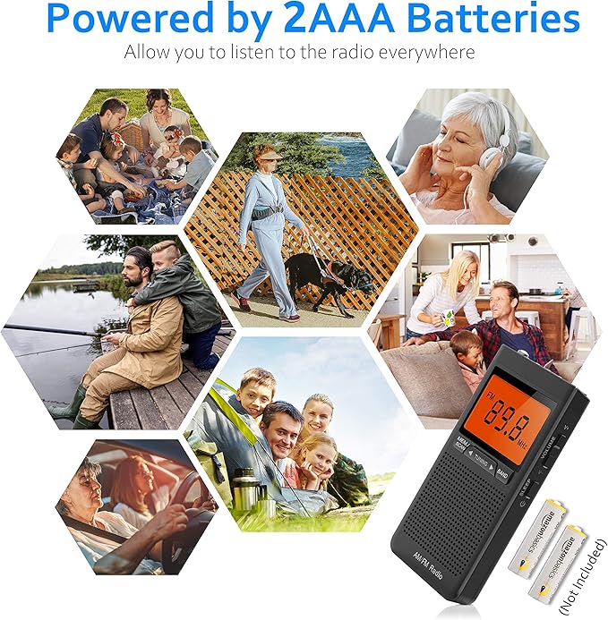 AM FM Portable Radio Personal Radio with Excellent Reception Battery Operated by 2 AAA Batteries with Stero Earphone, Large LCD Screen, Digtail Alarm Clock