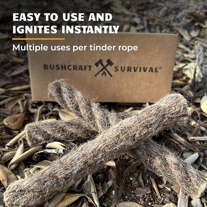 Bushcraft Survival Jumbo Jute Tinder Fire Starter Rope | 3 Pack Extra Large Natural Waterproof Kindling for Campfires | Wax Infused Cords for Camping, Hiking & Backpacking | Bushcraft Survival Tools