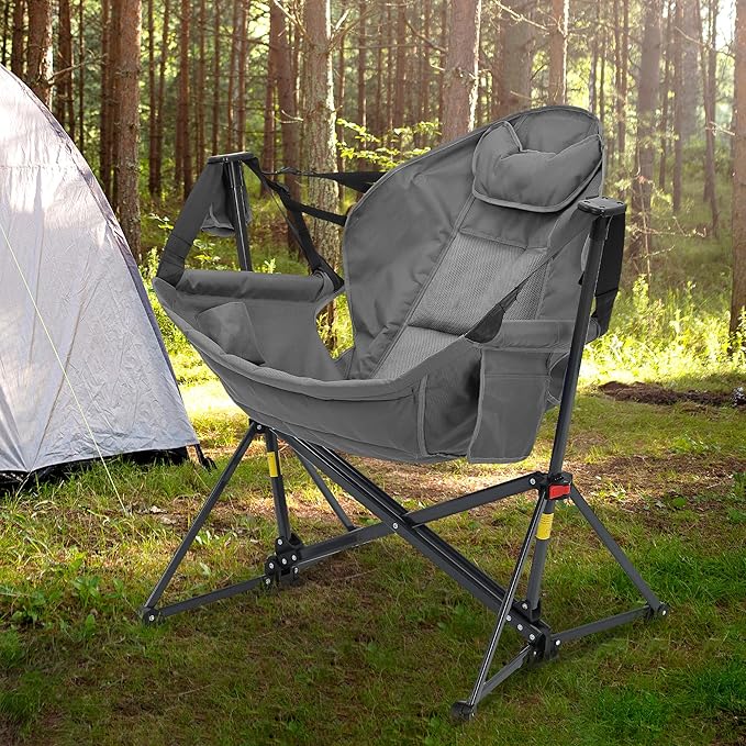 Ainfox Hammock Camping Chair, Foldable Portable Rocking Chairs for Adults Outside Swinging Camp with Cup Holder Pillow for Outdoor Patio Poolside (Grey)