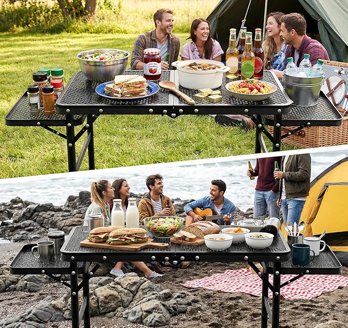 Folding Grill Table 30.3" Height Adjustable, Outdoor Camping Table with 2 Extra Desktops, 3x2 FT Portable Metal Grill Table for Outside for Picnic BBQ Camping Beach
