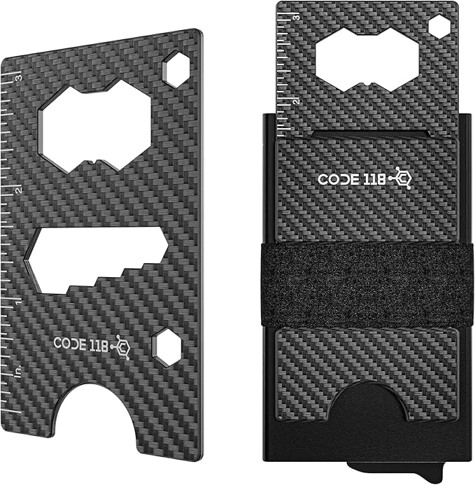 Code 118 Multi-Tool Card - 12-in-1 Credit Card Multitool with Bottle Opener, Ruler (In & CM) and 8 Wrench Sizes - Slim Survival Multipurpose Tool, Wallet not Included (Carbon Fiber)