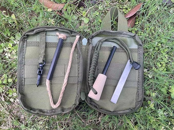 Flint and Steel Fire Starter Kit, Ferro Rods Magnesium Fire Starter Survival Tool Camping Emergency Fire Lightning Striker, Tinder Wick Rope, Multifunctional Outdoor Bag