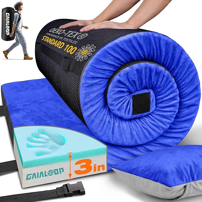 GAIALOOP 3 Inch Memory Foam Camping Mattress, Dual Layer Thick Sleeping Camp Pad for Car Tent Cot, Roll-Up Portable Glamping Floor Bed for Guests Sleepover