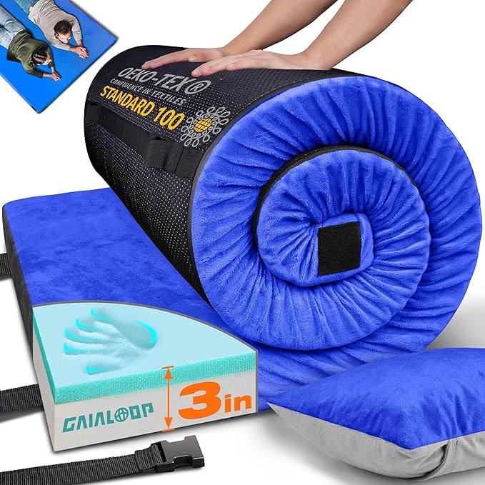 GAIALOOP 3 Inch Memory Foam Camping Mattress, Dual Layer Thick Sleeping Camp Pad for Car Tent Cot, Roll-Up Portable Glamping Floor Bed for Guests Sleepover