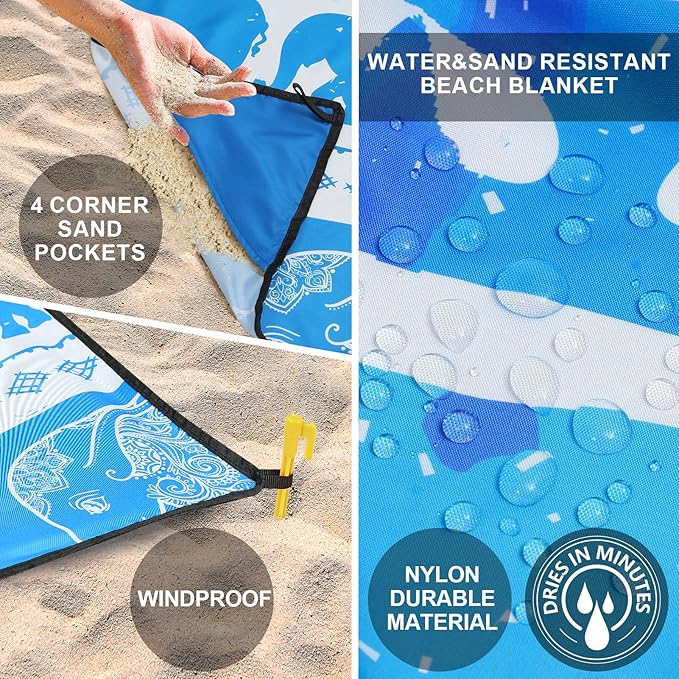 HIHOHO Beach Blanket Waterproof Sandproof Beach Mat for 1-8 Adults Quick Drying Durable Outdoor Picnic Mat for Beach Festival Travel Camping Hiking (Elephant-GC BL, 79"×83"(4 Person))
