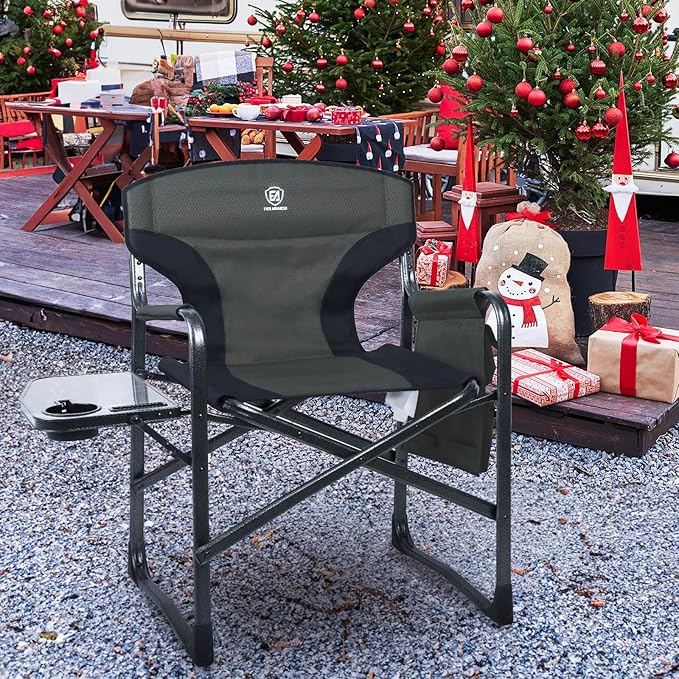 EVER ADVANCED Aluminum Lightweight Folding Director Chair, 350lbs Heavy Duty Camping Chair with Side Table & Storage, 19" Joint-Friendly Height Easy to Stand, Portable Makeup Artist & Vendor Chair
