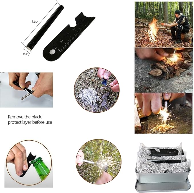 Emergency Fire Starter Kit – 6 Magnesium Bags + 3.15" Ferro Rod (12,000+ Strikes) + 4" Waxed Rope (12 Min Burn) – Survival Kit in Waterproof Tin for Camping, Hiking (24 Bags + Ferro + Wax Rope)