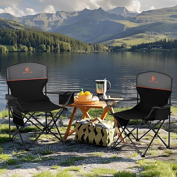 ALPHA CAMP Folding Camping Chairs for Adults Lawn Chairs Outdoor Chairs Support 225 LBS Portable Camp Chairs with Cup Holders Cooler Pouch for Outdoor, 2 Pack