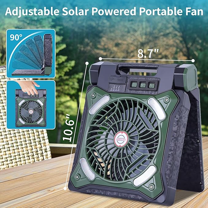 WESTTREE Solar Fan Battery Powered Rechargeable Solar Camping Fan with Led Lantern & Power Bank Foldable Angle USB Personal Fans for Travel Outdoor Camping Tents X98 Green