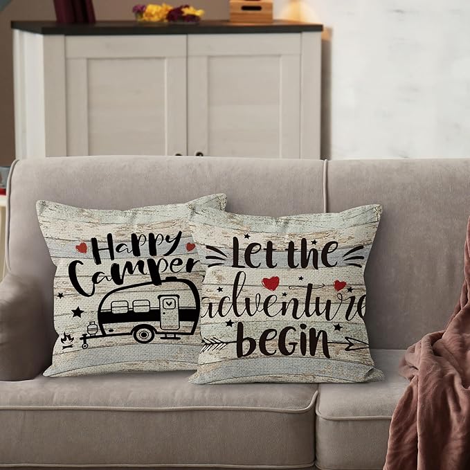 Happy Camper Linen Throw Pillow Case, 18 x 18 Inch Set of 2, Camping Lovers Gifts, Campers Gifts, Camper Decor, RV Decor, Trailer Pillow Cushion Cover for Sofa Couch Bed