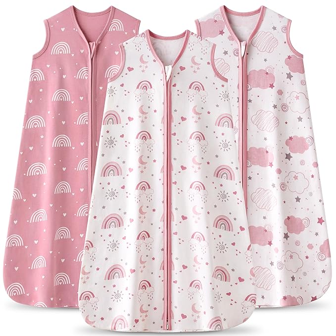 Baby Sleep Sack 6-12 months, 100% Cotton Sleeping Sack for Newborn and Infant, 3 Pack Baby Wearable Blanket, 0.5 Tog Lightweight Double Zipper Sleep Bag Medium Pink Rainbow