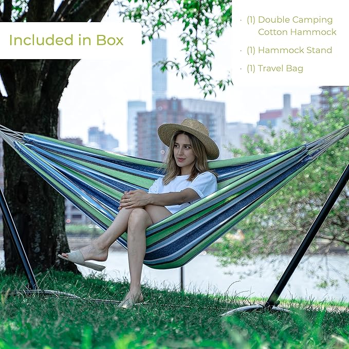 Backyard Expressions - 914920 - Ocean Floor Pattern - Portable Double 2 Person Outdoor Hammock with Stand - Green and Blue - 9 x 3 Foot Hammock