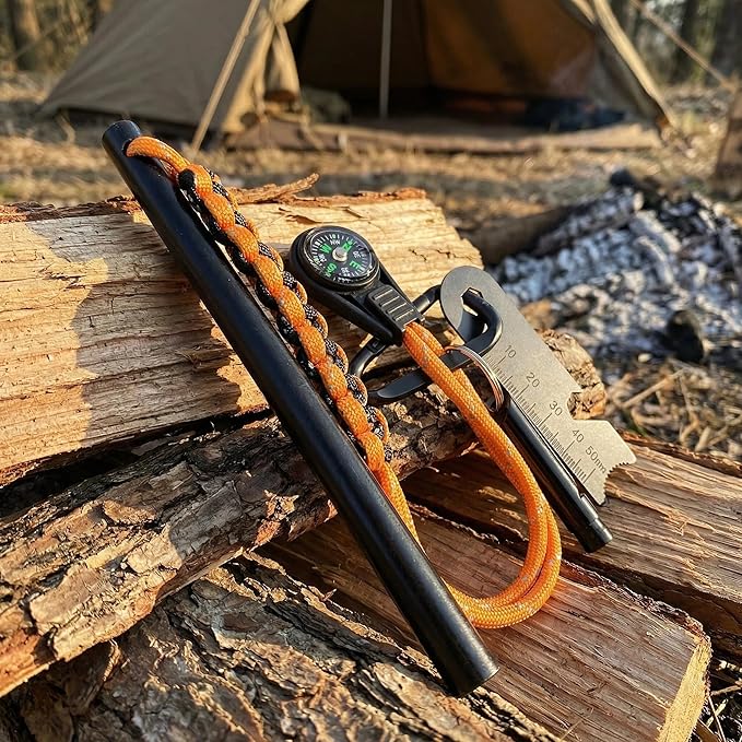 Ferro Rod Fire Starter with Compass, 3/8 Inch Thick Magnesium Ferrocerium Rod，Fire Starter Survival Tool with Multi-Tool Long Strikes, Flint Fire Starters for Camping & Hiking,Outdoor Emergency Kits.
