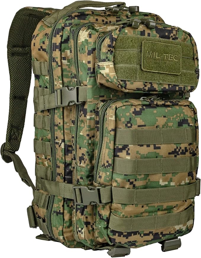 Mil-Tec Unisex Assault Pack - Rugged Durable Lightweight Ergonomic Versatile Tactical Outdoor Camping Hiking Backpack with Adjustable Padded Shoulder Straps & MOLLE Loops, Digital Woodland Camo, 20L