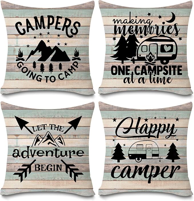 Happy Camper Pillow Covers Vintage Rustic Wood Background Inspirational Quotes Home Outdoor Decorative Throw Pillow Case Cushion Cover Set of 4 18" x 18"