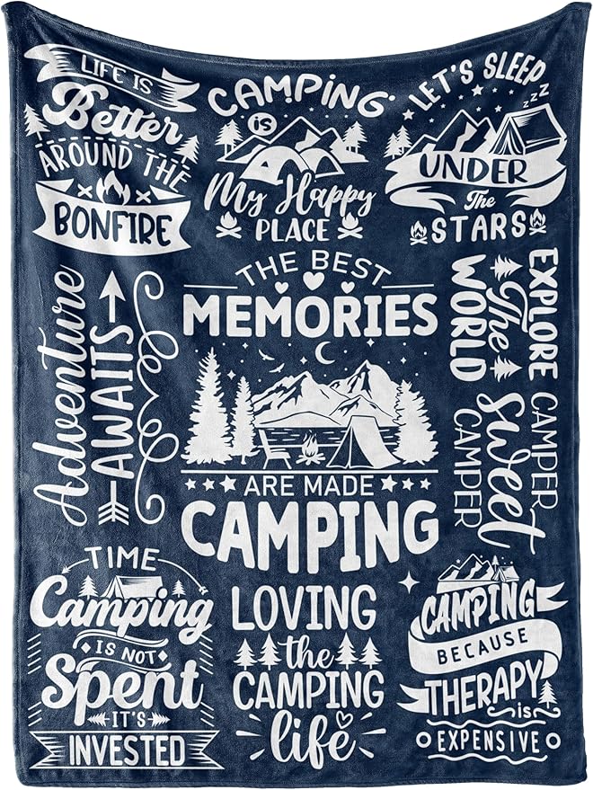 Camping Gifts for Women Men Lovers Throw Blanket, Happy Campers Decor Outdoor, RV Campsite Travel Hiking - Memories, 50" x 65"