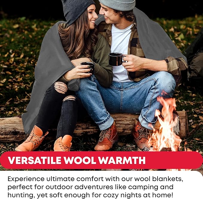 Ever Ready First Aid Military Wool Blanket - 95% Wool, Washable, Perfect for Outdoors, Camping, Picnics, Travel, Car & Bushcraft Emergency Blanket, 96" x 96" 6.65 lbs. - Grey - Queen Size