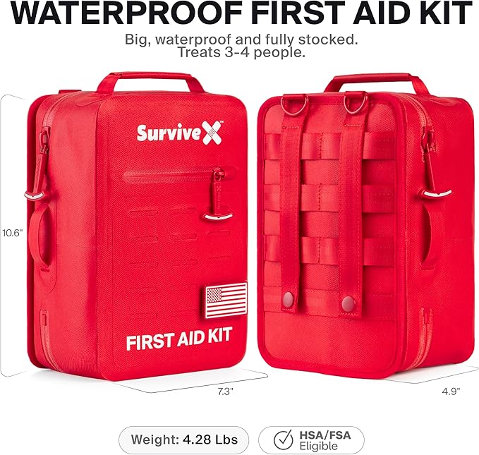 SurviveX Large Waterproof First Aid Kit for Car, Travel & Home - Emergency Kit for Hiking, Camping, Backpacking and Outdoors - Includes Zip Stitch Wound Closure Strips