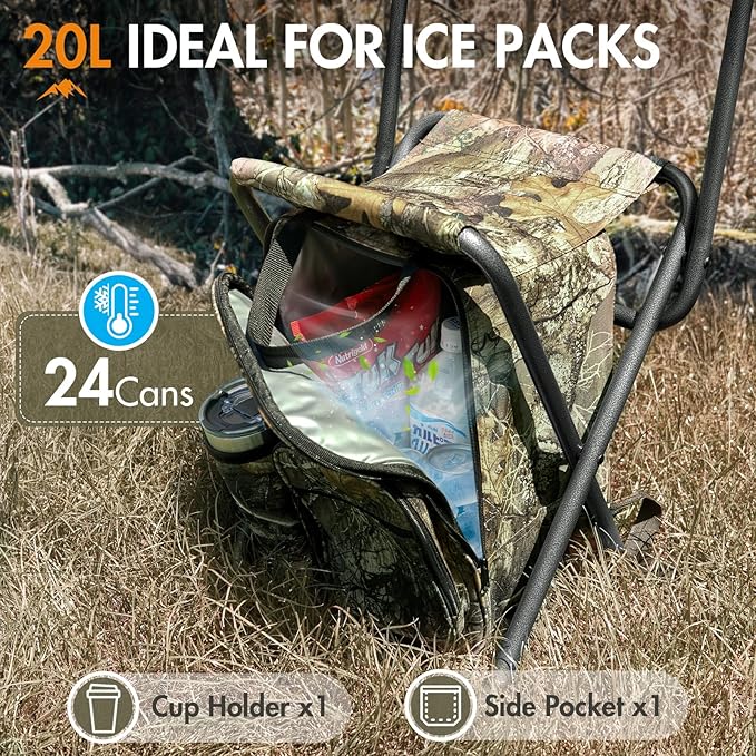 Portal Backpack Cooler Chair Fishing Chairs with Backrest Folding Camping Stool Compact for Outdoors Hiking Hunting Travel, Supports 350 lbs Capacity