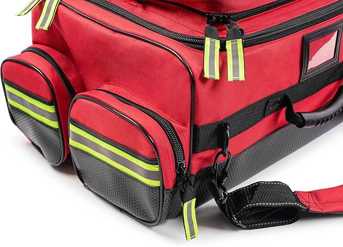 Scherber First Responder O2 Bag | Ultimate Professional EMT/EMS Trauma Oxygen Kit | Durable Reflective 600D Water Repellant Bag w/10+ Compartments, Zippered Pockets, Dividers & Padded Strap | XL - Red