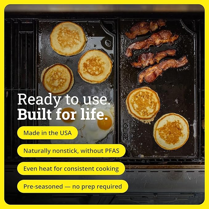 Lodge Double Play Reversible Cast Iron Grill/Griddle - Dual-Sided with Double Burner Configuration for Eggs, Pancakes, Burgers & More - Seasoned, Non-Toxic Cookware - Heavy-Duty Grill Pan - Black