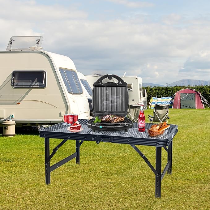 HPC Decor Folding Grill Table-Camping Table with Mesh Desktop,Portable Picnic Table with Carry Handle,27/56cm Height Adjustable Metal Table-Outdoor Grill Table,Folding Table for Outside Inside Use.