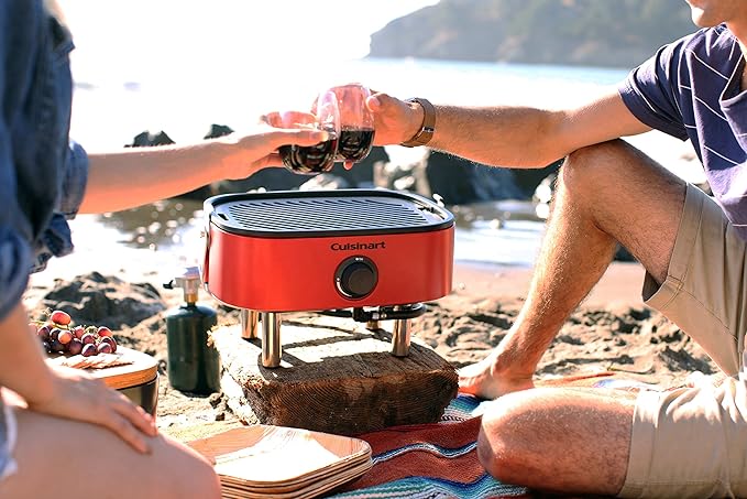 Cuisinart Venture™ Portable Gas Grill, Small Camping Grill with Cutting Board and Handle, Non Stick Porcelain Enameled Cast Iron Grate, 9,000 BTU Stainless Steel Burner for Camping, Tailgates, Beaches