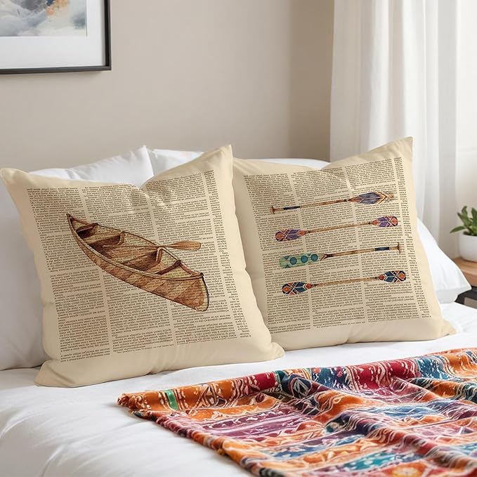 Vintage Lake Nautical Pillow Covers 18x18 Set of 2, Gifts for Lake Lovers, Retro Canoe Boat Paddle Coastal Beach Decorative Throw Pillow Covers for Couch Sofa Bedroom Beach House Cabin Home
