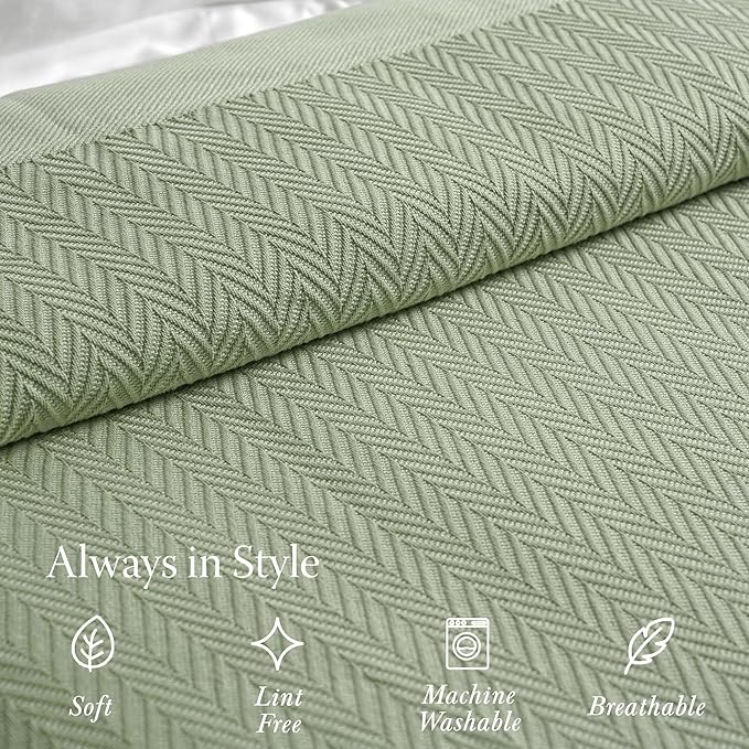Threadmill Luxury Cotton Blankets for Twin Size Bed | All-Season 100% Cotton Twin Blanket for Bed | Herringbone Soft & Cozy Fall Thermal Blanket, 350GSM, 68x92 inches | Sage Green