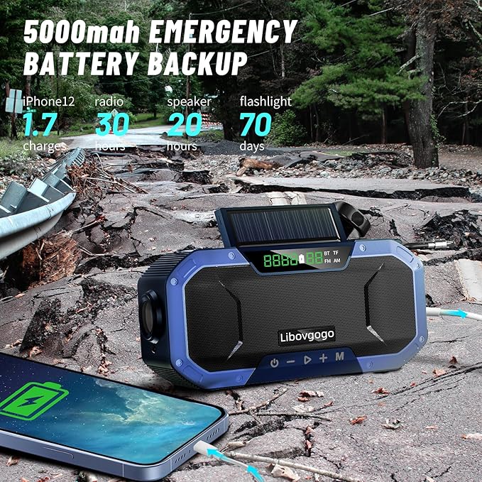 Emergency Radio Waterproof Bluetooth Speaker,Portable AM FM Radio with 5000mAh/18500mWh Cell Phone Charger,Flashlight,Reading Lamp,Hand Crank NOAA Weather Radio with Solar Panel,Emergency Survival Kit