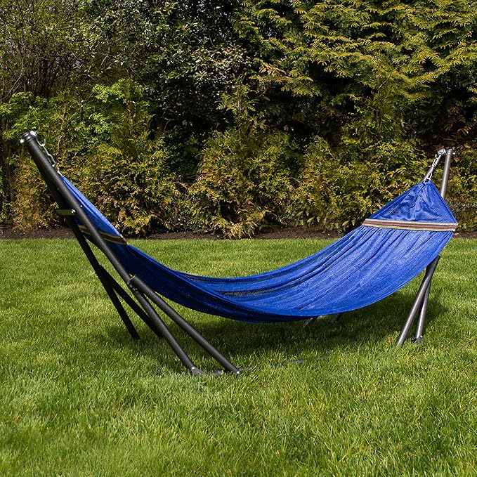 Best Home Fashion Hammock for 2 Persons with Collapsible Steel Stand 600 lbs Capacity- Portable Carrying Case, Adjustable, Perfect for Camping Beach Patio, EZ Daze Foldable Hammock with Stand- Navy