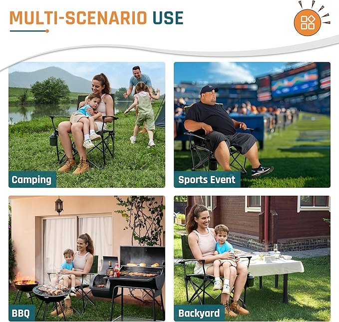 DMH OUTDOORS 2 Pack Oversized Camping Chairs for Adults Heavy Duty 400 LBS, Folding Camp Chair with Hard Metal Armrests & Swivel Cup Holder, Portable Lawn Chair for Outdoor, RV, Tailgating, Green