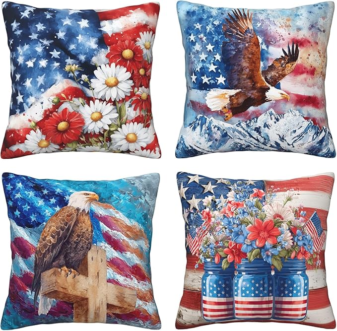 4th of July Flower Throw Pillow Covers 18 X 18 Inch Set of 4 Decorative Cushion Cover Home Decor for Sofa Chair Couch Bedroom Living Room