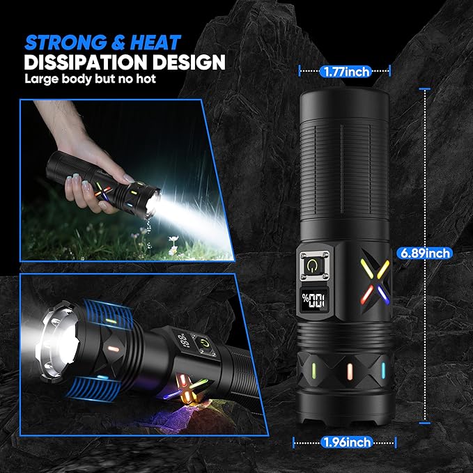 Flashlights High Lumens 100000 Rechargeable, Super Bright 50W LED, Long Running 15 Hours, USB C Input & USB Output, Zoomable 3 Modes, Powerful Strong Flash Light for Home Hiking Camping