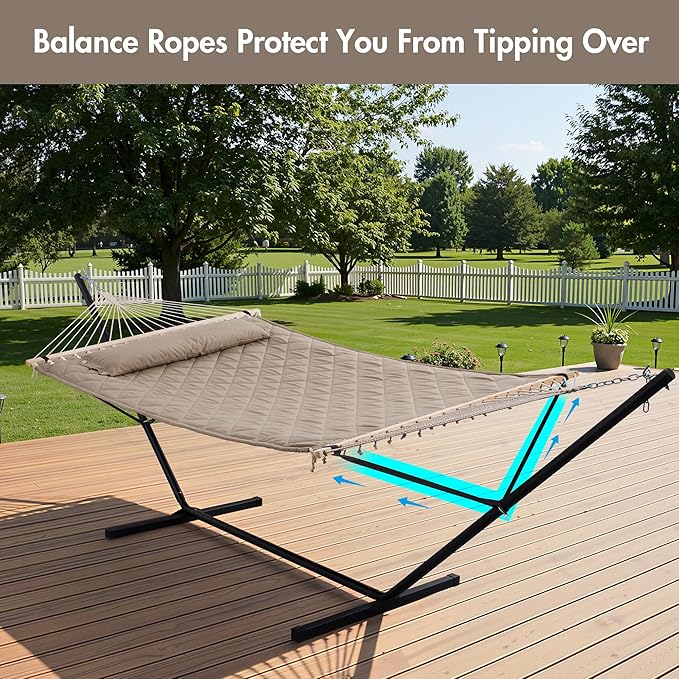 ANOW 2 Person Hammock with 12FT Stand, Heavy Duty Hammock with Stand for Outdoors, 450 LBS Weight Capacity, Light Brown