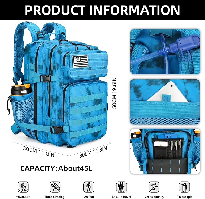 Lovelinks21 45L Tactical Assault Backpack 3 day assault pack with Molle Waterproof backpack Rucksack for Tactical Backpacks (Blue water pattern)