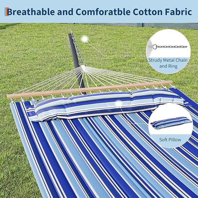 Garvee 57" Double Hammock with Heavy Duty Stand – 2 Person Hammock, Widening Cotton Fabric Design, 450 LB Capacity for Indoor & Outdoor Use (Blue)