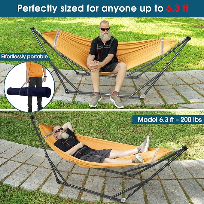 Tranquillo Adjustable Hammock Stand 2 Persons, Portable Hammock with Stand Collapsible – Lounge, Yard, Porch, Hammock Net with Carry Bag, Yellow