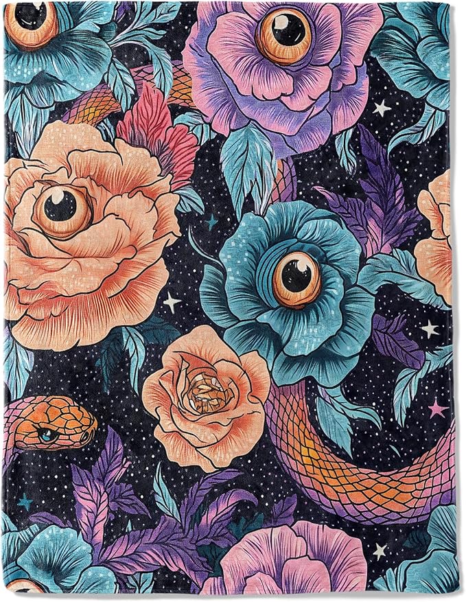 Gothic Evil Eye Floral Snake Fleece Blanket - Lightweight Soft Cozy Gifts Throw for Fantasy Lovers,Women,Adult,Goth Vivid Flower Starry Blankets,Home Room Modern Artistic Decor 40x50in