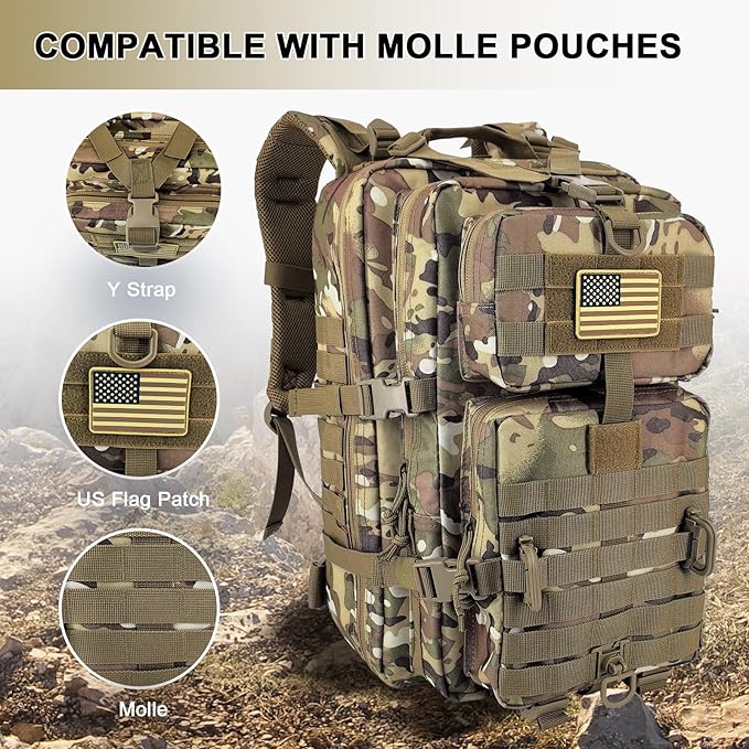Hannibal Tactical MOLLE Assault Backpack, Tactical Backpack Military Army Camping Rucksack, 3-Day Pack Trip w/USA Flag Patch, D-Rings, Cp
